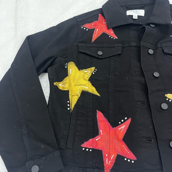 Hand Painted Black Denim Jacket with Ghost and Stars Design - Picture 5 of 6